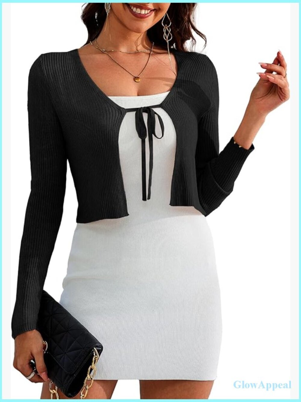 Tie Front Long Sleeve Rib Knit Bolero Open Front Cropped Cardigan